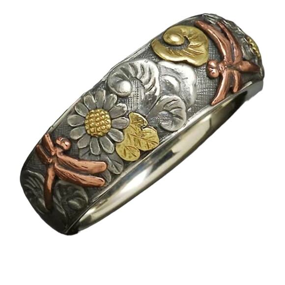 Carved Flower Dragonfly Sunflower Ring Tri Tone Size 7 - Picture 1 of 5